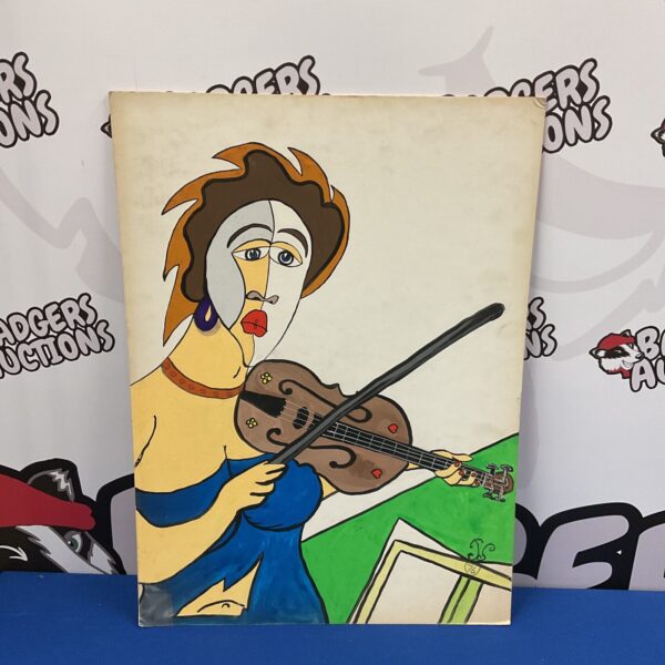 Vintage folk art watercolour painting of a sad violinist.