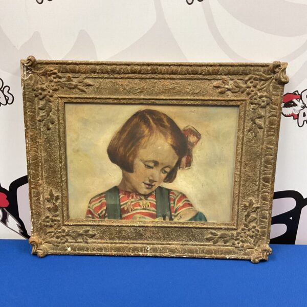 Antique oil painting of a young girl with ribbons in hair.