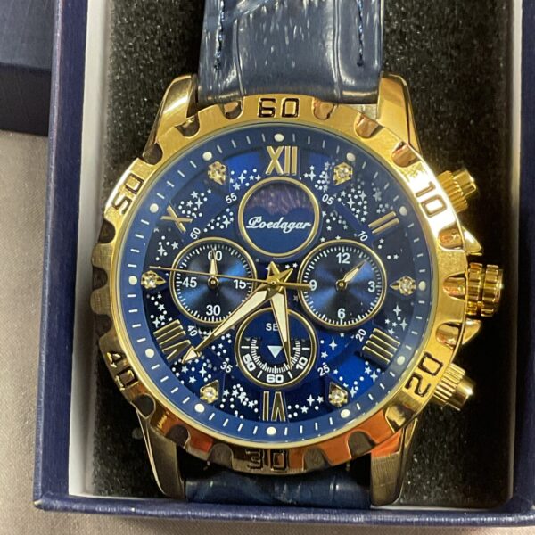 Stylish Lige quartz wristwatch with a blue dial and gold strap.