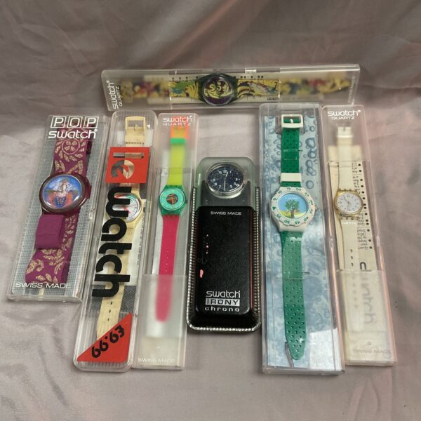 Group of seven vintage Swatch watches, including Swatch Irony Chrono.