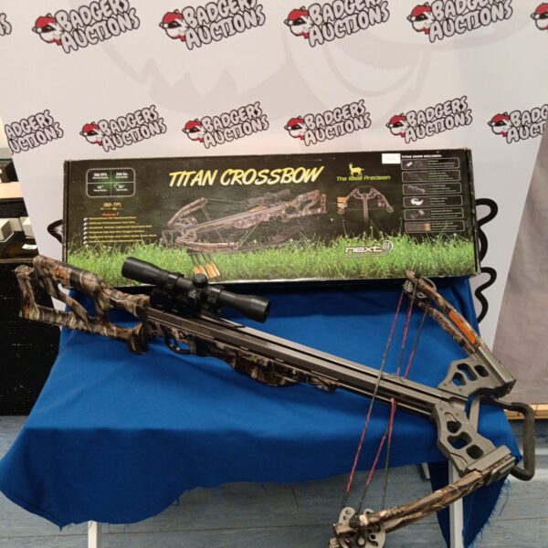 Titan 200lb draw crossbow on display, archery equipment.