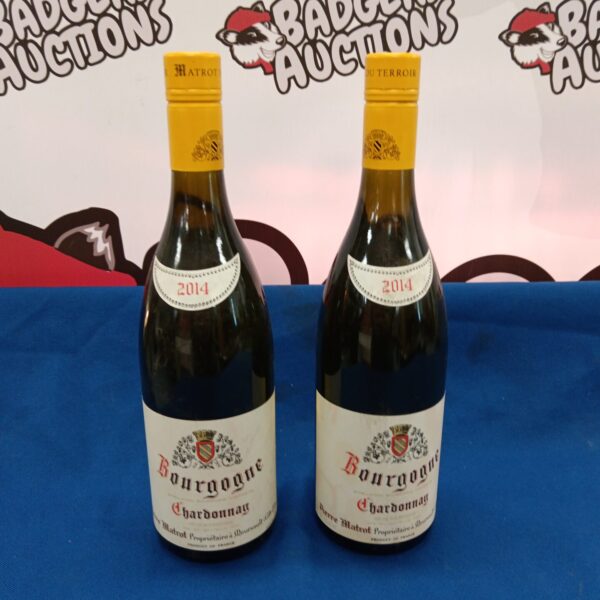 Two sealed bottles of 2014 Bourgogne Chardonnay wine.