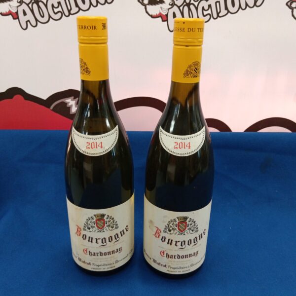 Two bottles of 2014 Bourgogne Chardonnay wine for sale.