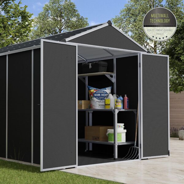 Grey aluminium garden shed with open double doors.