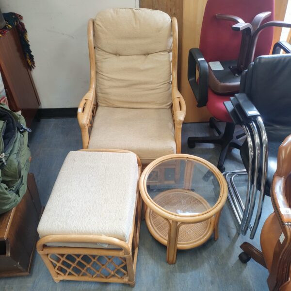 Vintage bamboo conservatory set with chair, footrest and glass table.
