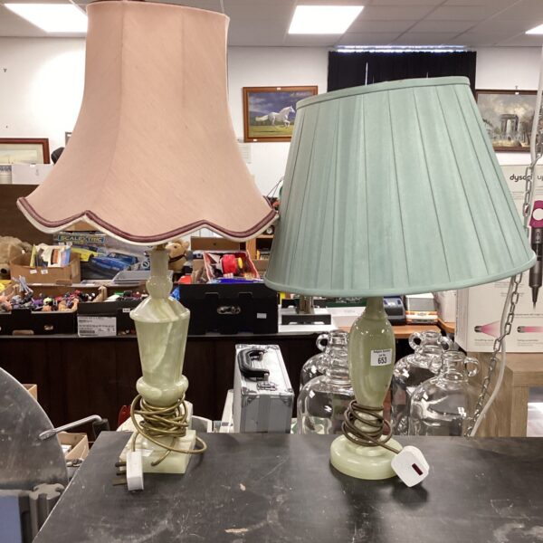 Pair of vintage green marble table lamps with cream shades.