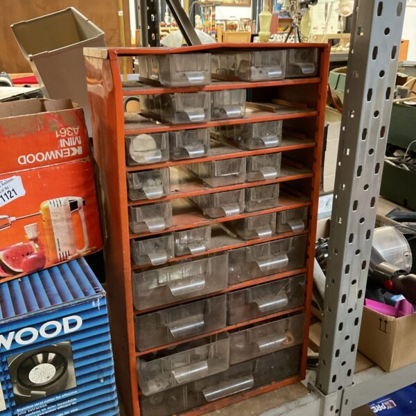 Vintage Mars workshop drawers with contents, ideal for tool storage.