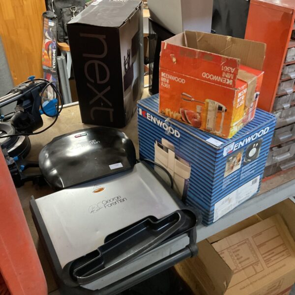 Kitchen appliance bundle including George Foreman grill and Kenwood processor.