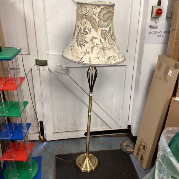 Vintage brass standard lamp with bird pattern shade.