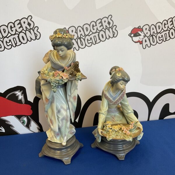Vintage Lladro Japanese flower girl ornaments, detailed porcelain figurines.