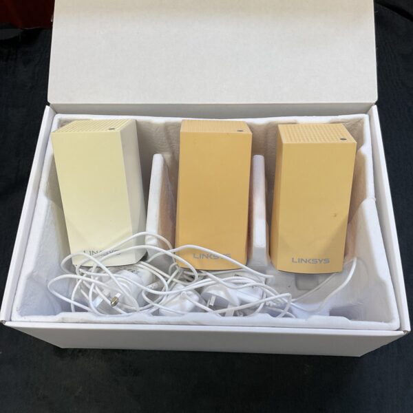 Linksys Velop mesh WiFi system nodes in a box.