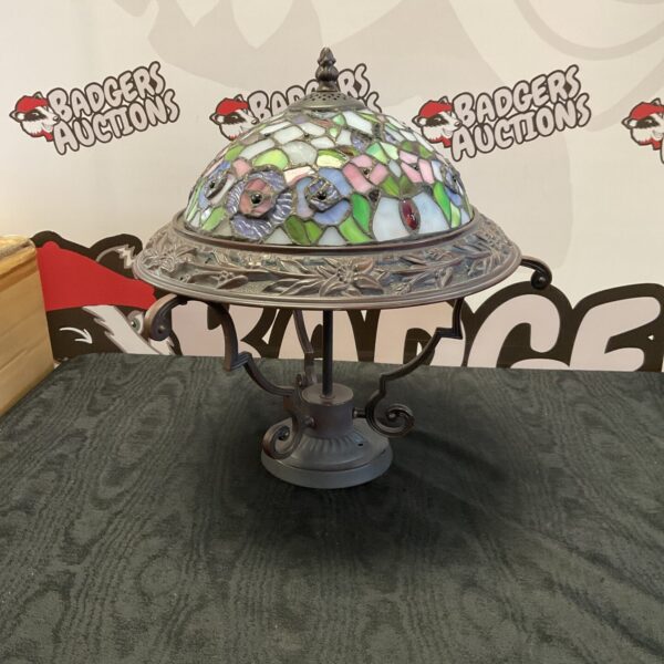 Front view of a colourful Tiffany style ceiling light.