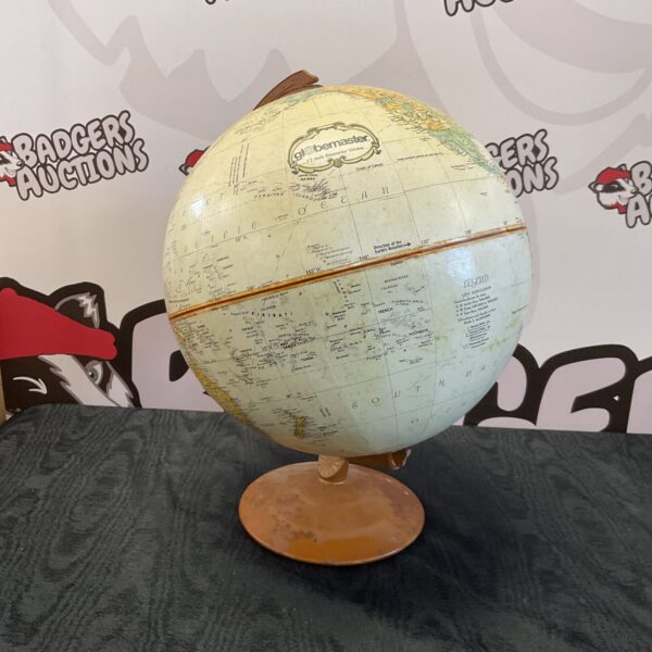 Vintage Replogle Globemaster globe showing detailed world map.