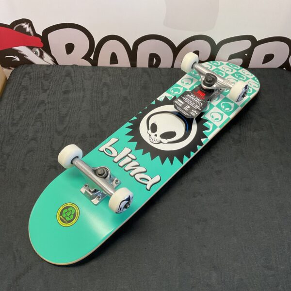 New Blind Grim Reaper skateboard with Tensor trucks, checkered deck.