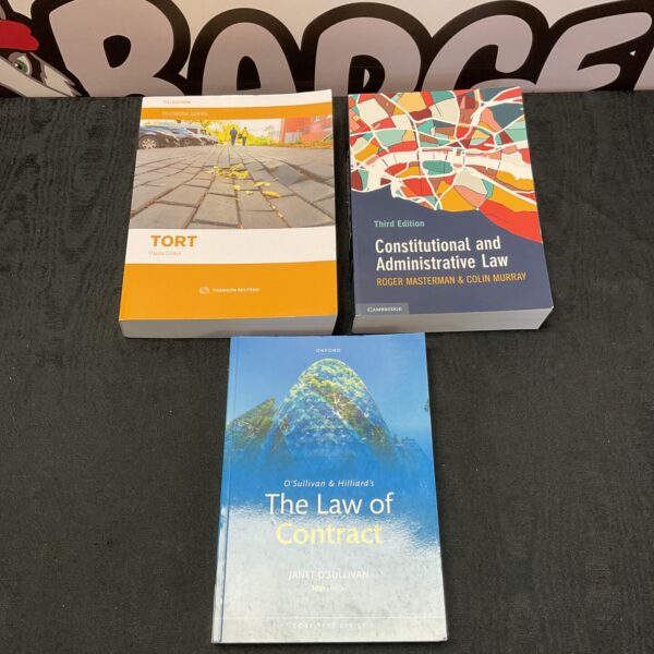 Law textbooks including Tort Law and Constitutional Law.