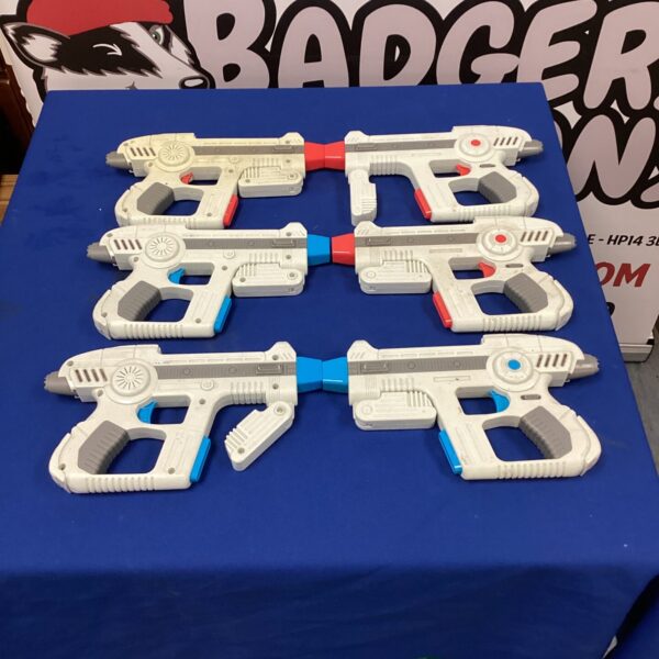 Six laser tag guns, HP14 model, for electronic gaming fun.