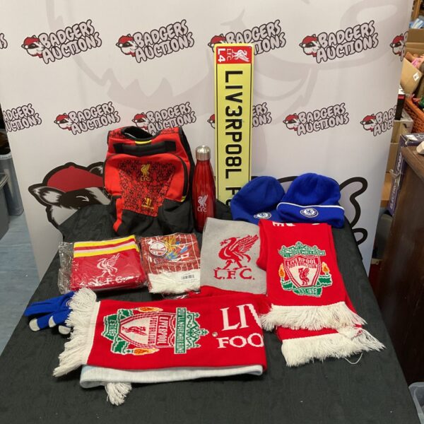 Liverpool and Chelsea FC memorabilia collection including scarves and bags.