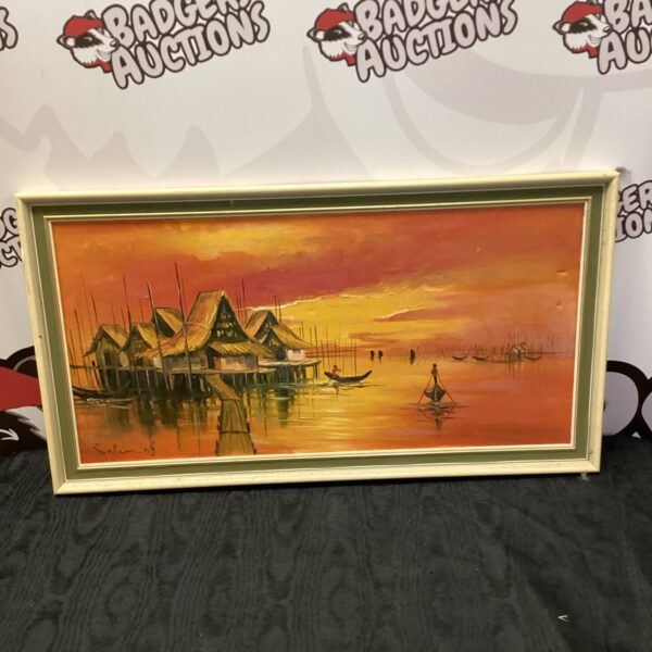 Serene oriental floating village oil painting by Salam Ng.