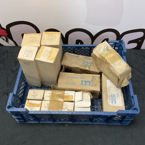 Tray of vintage tube valves including CV345, CV378 and CV7084 models.