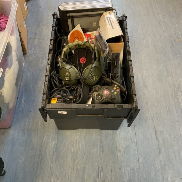 Overhead view of a crate filled with mixed electrical and gaming components.