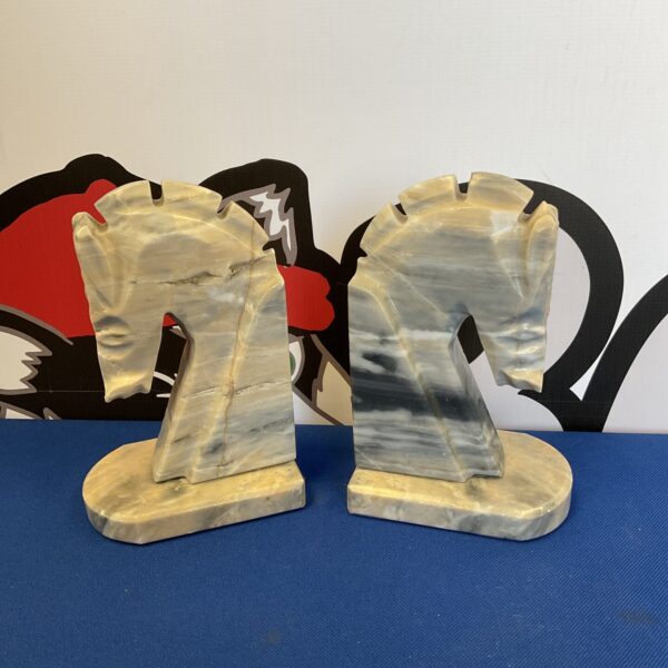 Pair of vintage marble horse head bookends for desk decor.