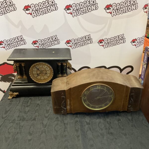 Pair of antique wooden mantle clocks for restoration, 19th century style.