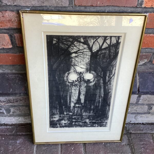 Framed 19th-century lithograph of Place Furstenberg, a detailed landscape print.