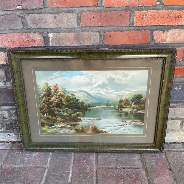 Vintage framed print of a river fishing scene by W h manderlos.