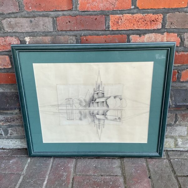 Abstract monochrome artwork of Marlow All Saints Church and bridge.