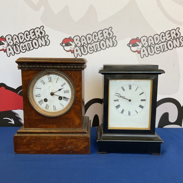 Antique French mantle clocks, including a Japy Freres movement, vintage timepieces.