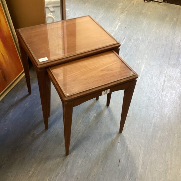 Vintage mahogany tables with glass tops, side table set.