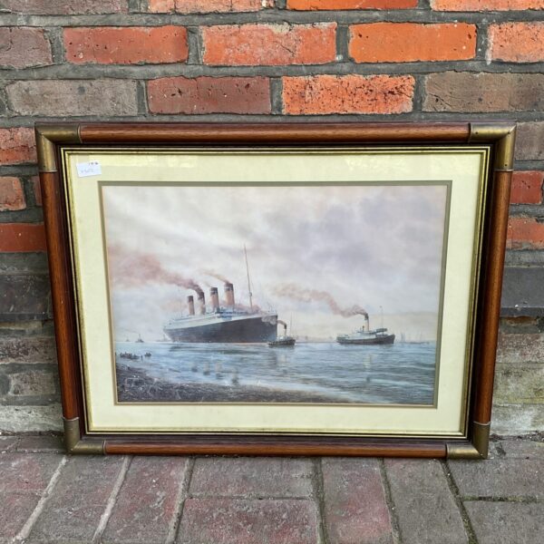 Vintage Titanic print by E d Walker, framed maritime artwork.