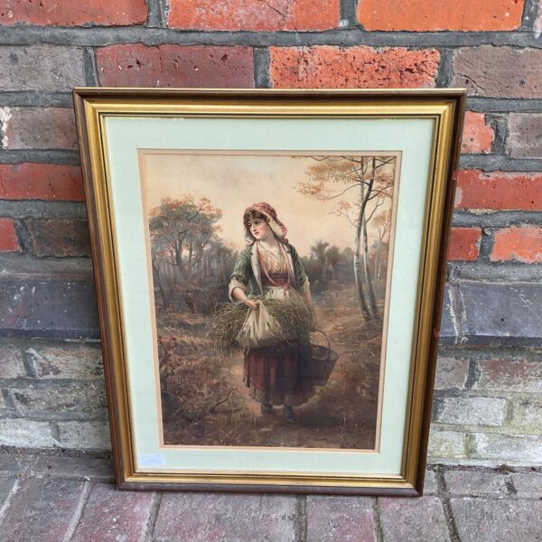 Vintage harvest print of a young girl with a basket.