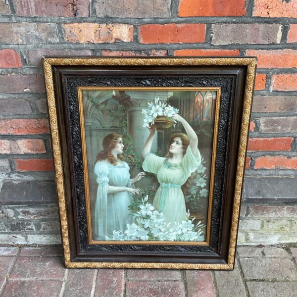 Antique Georgian chromolithograph of two flower girls with flowers.
