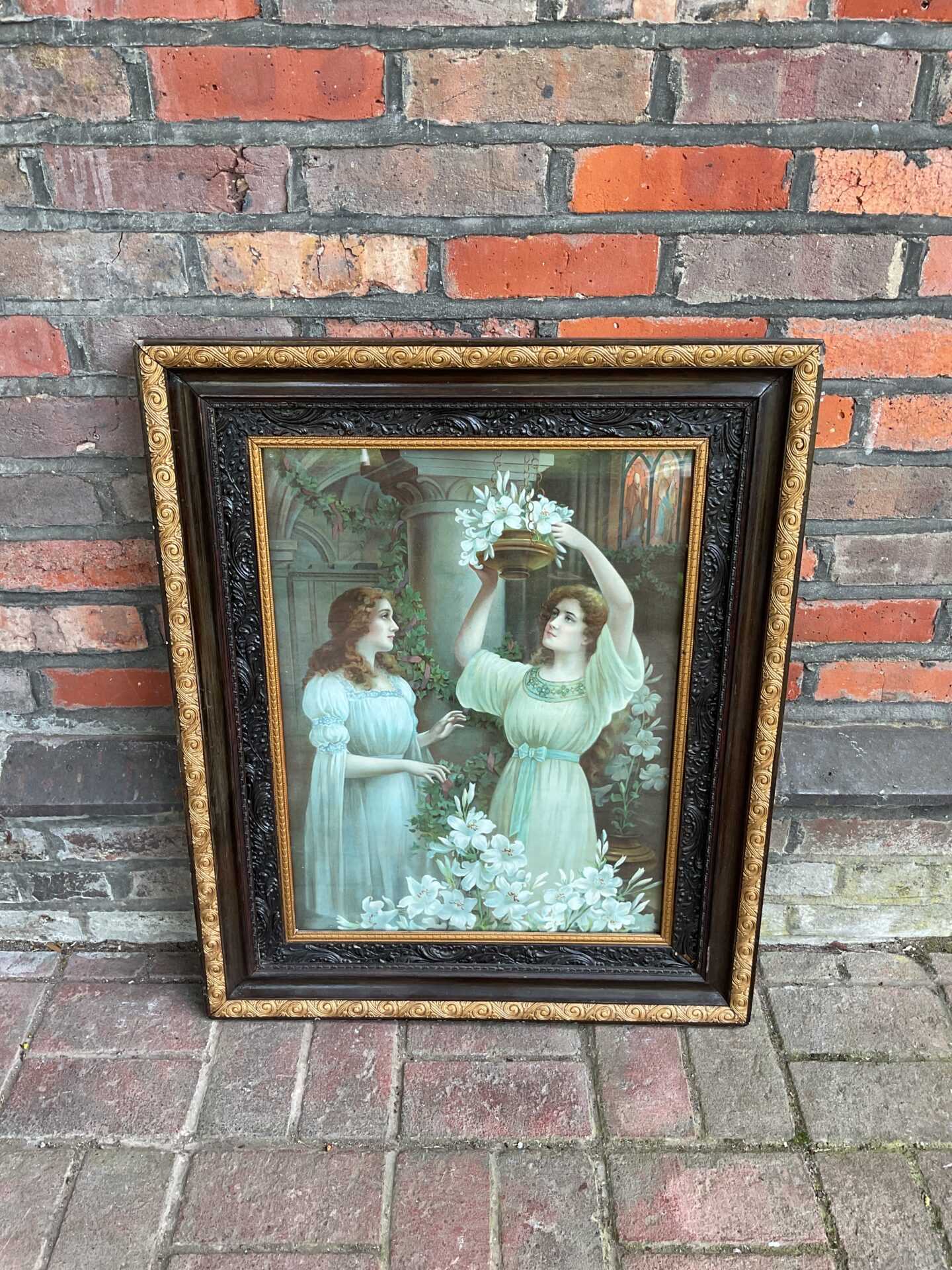 001 Georgian framed chromolithograph of flower girls