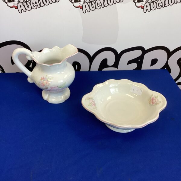 Antique K&H Staffordshire pottery wash set with floral details.