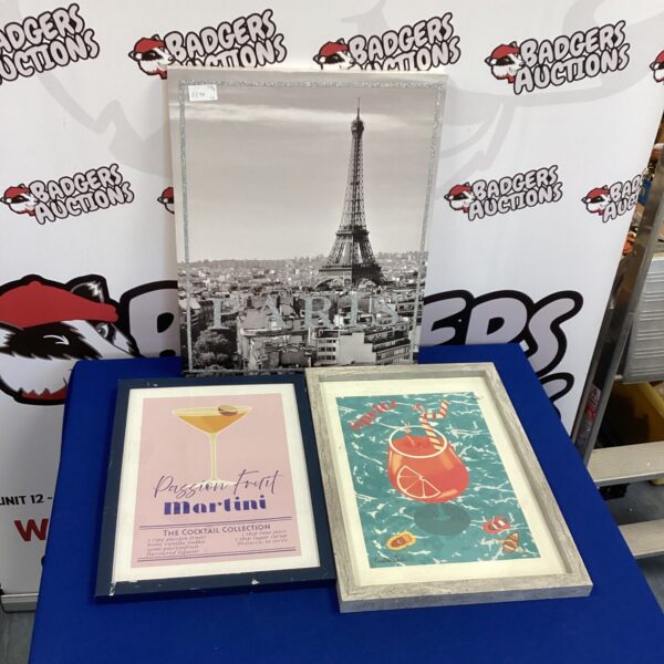Vintage prints featuring a Paris scene and colourful cocktail illustrations.