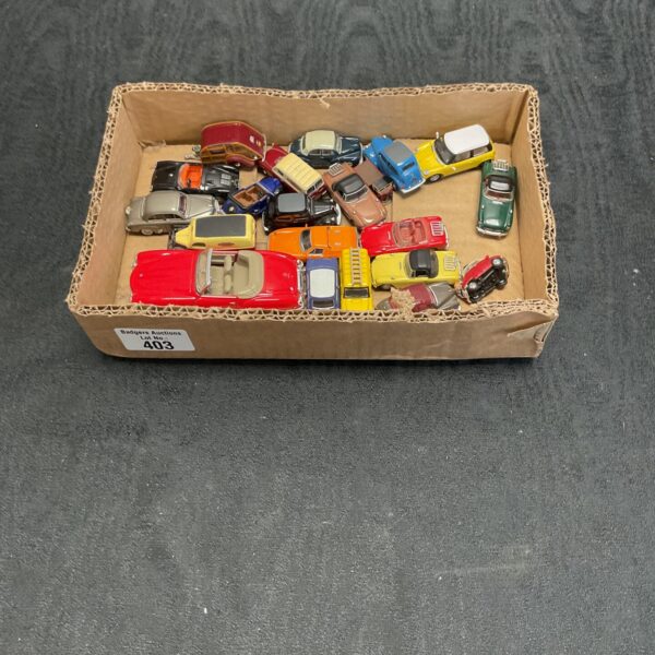 A box of assorted diecast car models, including Oxford Diecast.