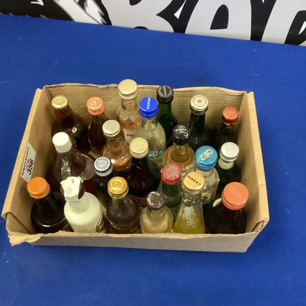 Collection of miniature spirit bottles for collectors and display.