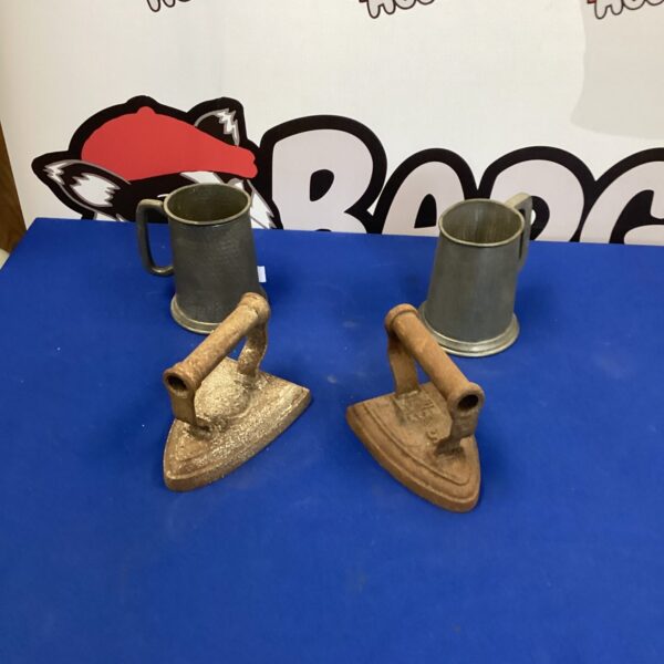 Antique pewter tankards and smoothing irons lot for collectors.