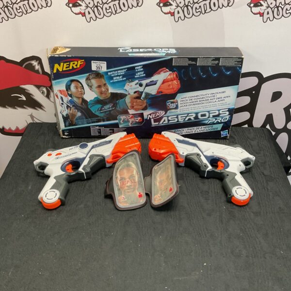 Hasbro Nerf Laser Ops Pro toy guns in original packaging.