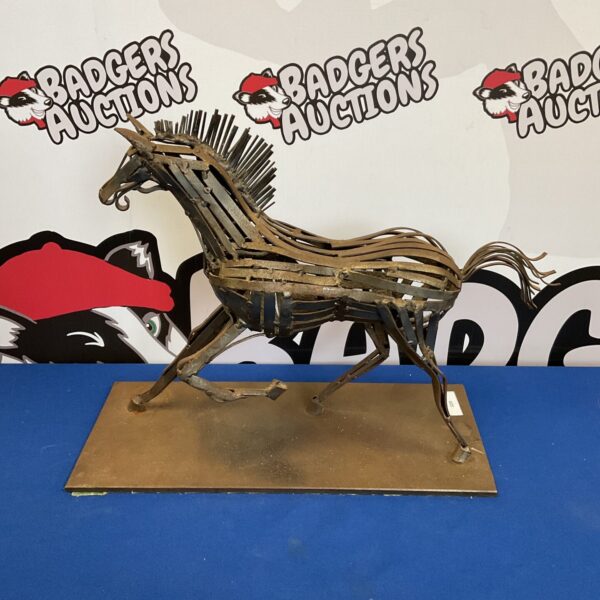 Welded metal horse sculpture, rustic folk art decor.