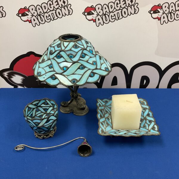 Vibrant Tiffany style mosaic candle lamp with blue glass.