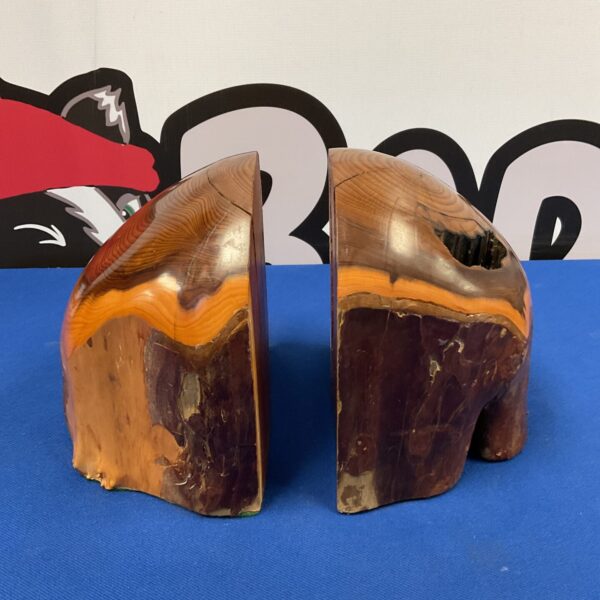 Richly-grained yew wood bookends by Bruno Charron for home decor.