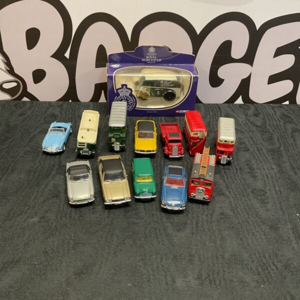 Vintage diecast model cars from Lledo and Corgi on display.