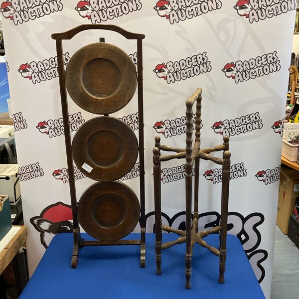 Vintage three tier cake stand with folding stand, antique serving ware.
