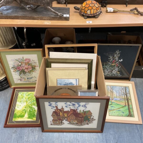 Vintage framed prints and embroideries collection for wall decor.