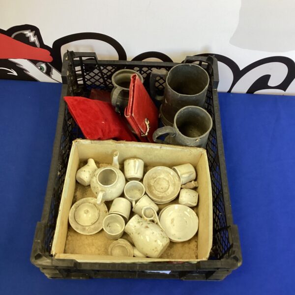 Vintage dolls china tea set with pewter tankards for collectors.