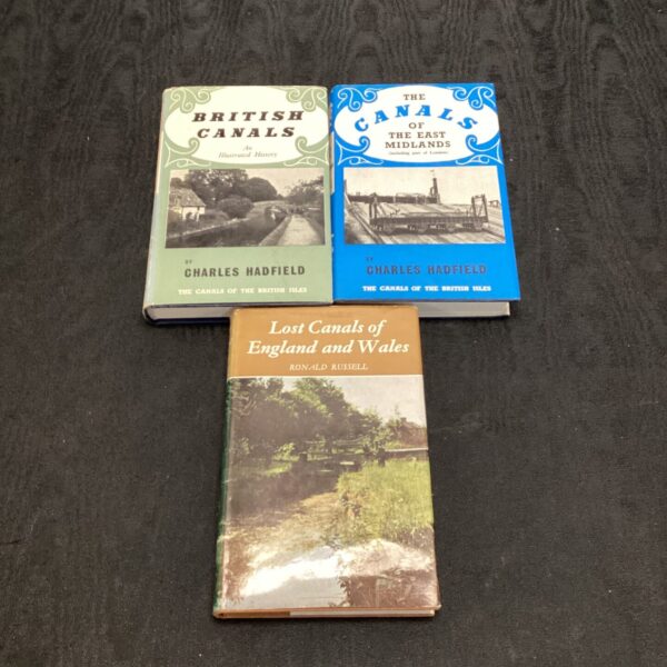 Vintage British canal books by Charles Hadfield, showing covers.