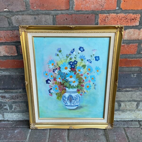 Vintage watercolour painting of flowers in a Chinese vase.